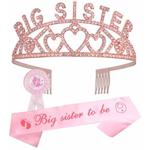 Baby Shower Decoration for Big Sister To Be, Premium Metal Rose Gold Tiara + Pink Sash + Premium Metal Big Sister Pink & White Pin, Maternity Gift for Her