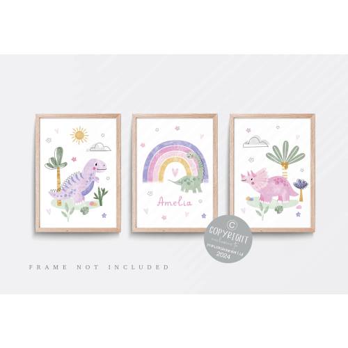 Dinosaur nursery print, Rainbow wall art, Pink nursery decor, Girls nursery art, Baby name print, Pink wall art, Girls bedroom art, Set of 3