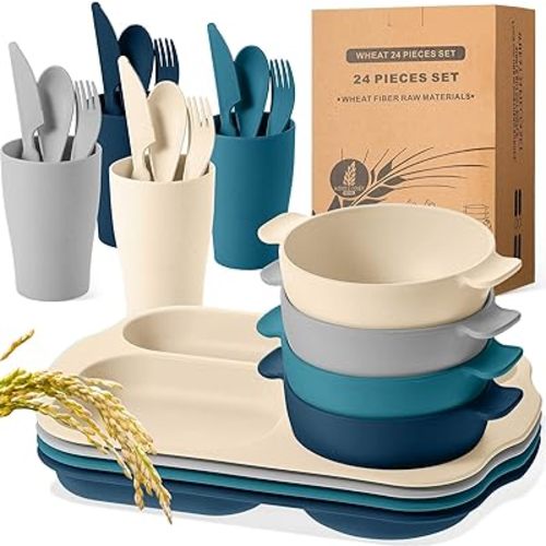 24 Pcs Wheat Straw Dinnerware Cutlery Set for Kids Toddler Aldult Including Divided Plates Microwave Dishwasher Safe Bowl Unbreakable Tableware Straw Cutlery Spoon Knife Fork(Dark Color)