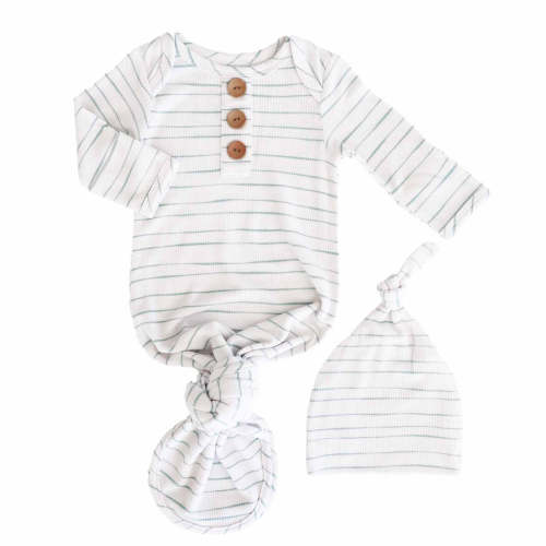 Sage's Stripes Waffle Bamboo Newborn Baby Knot Gown & Hat Set