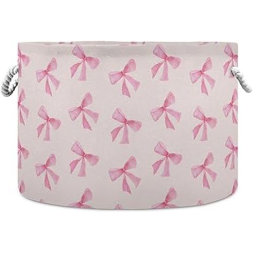 Burbuja Pink Bow Round Storage Basket with Cotton Rope Handles, Laundry Basket for Blankets, Toys, Nursery, Living Room Decoration