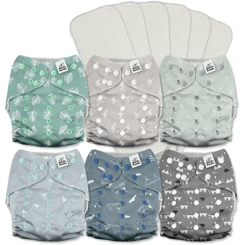 Mama Koala 3.0 Pocket Cloth Diapers for Babies with AWJ Lining, 6 Pack with 6 5-Layer Natural Cloth Diaper Inserts - Reusable and Washable Pocket Diapers(A-The Gray Sky)