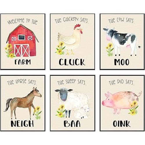Silly Goose Gifts Farm Animal Nursery Wall Art - Cow, Pig, Sheep, Chicken, Horse Barn Decor for Baby Kids Class Room - Set of 6 Prints 8x10 (Welcome To The Farm)