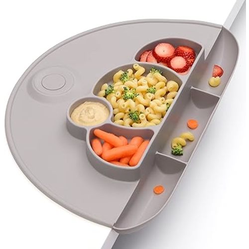 PrimaStella Silicone Placemat for Toddlers - Suction Placemat - Divided Toddler Plate, Placemat and Food Catcher All-in-one (Stone)