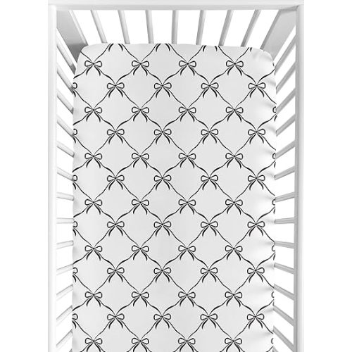 Sweet Jojo Designs Fitted Baby Crib Sheets (Black Bows) for Girls, Infant Nursery, Toddler Room - Standard Size (Black and White Bow for the Shabby Chic, Ballet, Dancer, Princess Ballerina Collection)