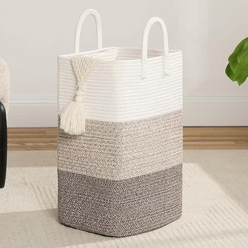 Tall Hamper Laundry Basket With Handles,Woven Cotton Rope Laundry Big Hamper Sorters,Versatile Storage for Dirty Clothes,Baby and Blankets in Bathroom, Nursery,and Living Room (Gradient Brown, 70L)
