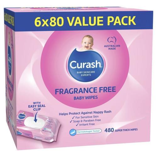 Curash Babycare Fragrance Free Wipes 6 x 80