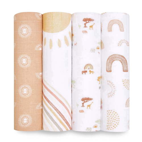 Aden + Anais Essentials 100% Muslin Cotton Swaddle Blanket, Unisex, 4 Pack, Keep Rising