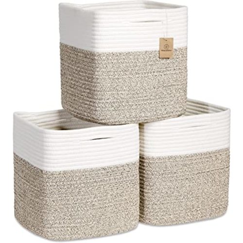 NaturalCozy Storage Cubes 11 Inch Cotton Rope Woven Baskets for Organizing, 3-Pack | Cube Bin Square Shelves Organizer, Classroom, Kids Toy Bins, Closet, Baby Nursery