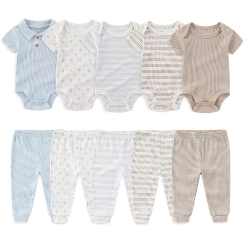 Kiddiezoom Newborn Baby Layette Set 10-Piece with Bodysuits and Pants Set for Unisex Baby Gift Sets