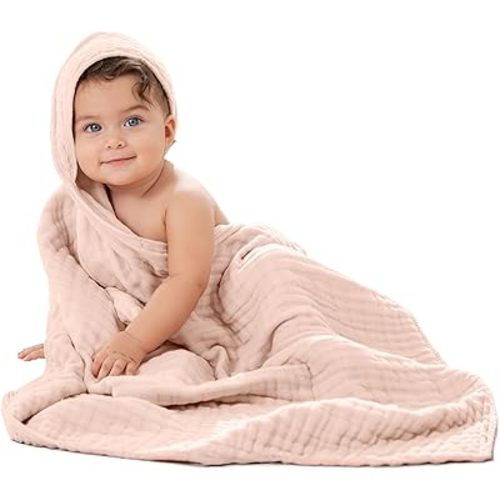 Comfy Cubs Baby Hooded 9 Layer Muslin Cotton Towel for Kids, Large 32” x 32”, Ultra Soft, Warm, and Absorbent. Baby Essentials Bath Towels, Cute Unisex Cover for Girls and Boys (Pack of 1, Blush)