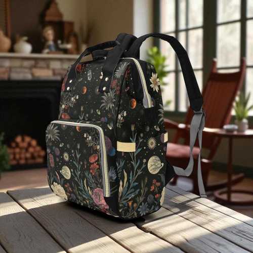 Floral Galaxy Diaper Bag, Astronomy Mom Backpack, Space Garden Baby Bag, Cute Celestial Nursery Backpack for Moms, Trendy Floral Bag