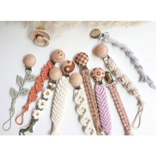 Clip for Baby shower gift New Mom Macrame Pacifier Clip Newborn Gift Special Unique Baby Gift Boho Smiley Face Checkered Daisies