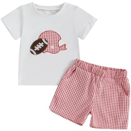 Adobabirl Toddler Baby Boy Football Outfit Rugby Embroidery Short Sleeve Tshirt with Plaid Shorts Boutique Summer Clothes