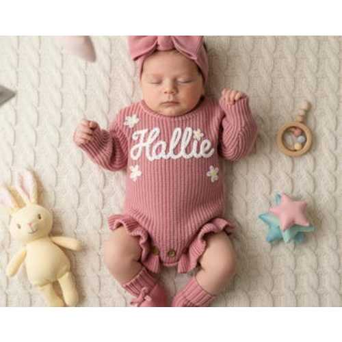 Hand Embroidered Name Baby Romper Set,Personalized Outfit, Baby Girl Romper, Coming Home, Organic Cotton Knit,Gender Neutral
