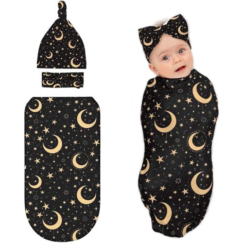 Moon and Star Black Baby Stuff Newborn Swaddle Blanket with Beanie Hat and Headband Set,Baby Swaddle Blanket Gifts for Infant Shower Boys Girls