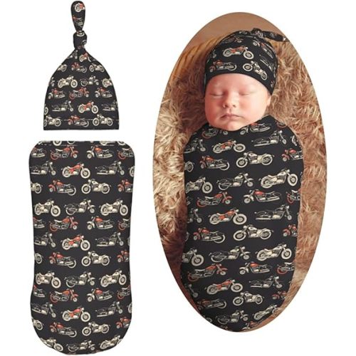 Motorcycles On Black Background Newborn Swaddle Blankets Hat Sets Soft Baby Receiving Blanket Swaddle Sack for Baby Shower Infant Boy Girl Gift
