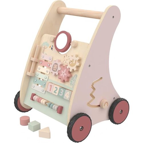 Wooden Baby Walker, Baby Push Walker Sit to Stand Walker,Adjustable Push and Pull Learning Activity Center Walker Toy for Baby Learning to Walk, Educational Birthday Gift for Toddler Boy Girl Pink