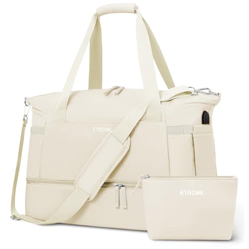 ETRONIK Gym Bag for Women, 47L Carry On Travel Duffel Bag with Shoes Compartment, Weekender Overnight Bag with Wet Pocket & USB Charging Port for Women, Travel, Gym, Weekend, Large Size (Beige)