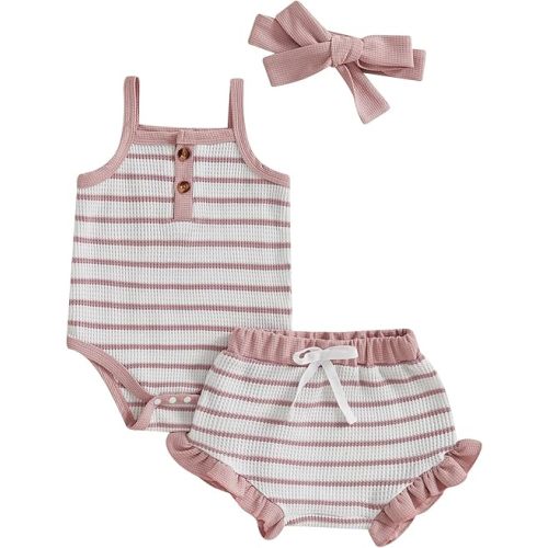 MERSARIPHY Newborn Baby Girls Summer Outfit Striped Waffle Knit Sleeveless Romper Shorts Headband 3Pcs Infant Clothes Set