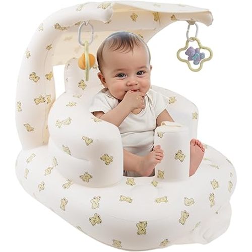 Inflatable Baby Seat with Canopy and Sensory Ornament, Inflatable Baby Chair for Babies 3 Months & Up Sitting Up, Blow Up Infant Floor Seat with Built in Air Pump (Bear)