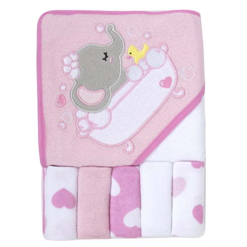 Baby Essentials 6-Piece Hooded Bath Towel & Washcloth Set, Cotton, for Infants 6-12 Months, Elephant Design