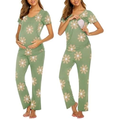 Ekouaer Women's Maternity Nursing Pajamas Set Breastfeeding Sleepwear Double Layer Short Sleeve Top & Pants Pregnancy PJS