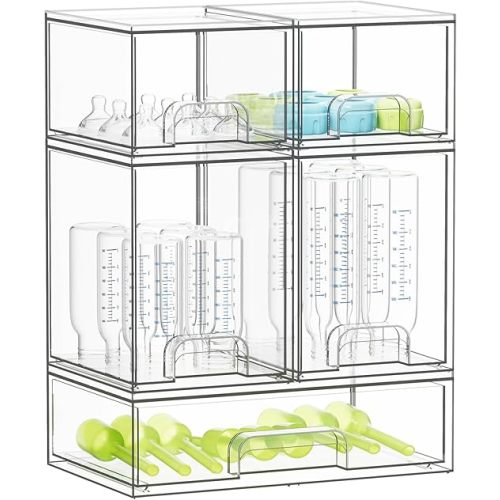 SpaceAid Bottle Storage Organizer Baby - Acrylic Bottles Station Organizer Container, Stackable Clear Drawers for Countertop, Vanity, Bathroom, Cabinet, Pantry Organization, 5 Pack, 2S2M1L, 15.4" H
