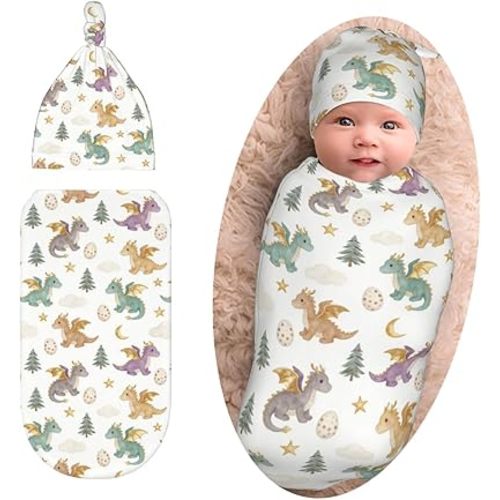 Dragon and Tree Print Swaddle Blanket with Beanie Set, Dragon Theme Baby Stuff Newborn Blanket Swaddle Sack for Girls Boys
