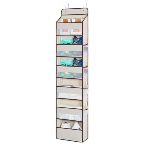 Univivi 6 Tier Over The Door Organizer With 8 Mesh Side Pockets, Bathroom Organizers and Storage Over The Door Organizer For Nursery Baby Essentials (Beige)