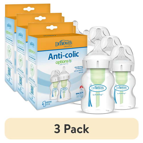 (3 pack) Dr. Brown's Anti-Colic Options + Wide-Neck Baby Bottle, 5 oz/150 ml, Level 1 Nipple, 0m +, 2-Pack