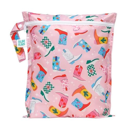 Bumkins Waterproof Wet Bag for Baby, Travel, Swim Suit, Cloth Diapers, Pump Parts, Pool, Beach, Gym Clothes, Toiletry, Hook to Stroller, Daycare, Zipper Reusable Wetdry Packing Pouch, Cowgirl Boots