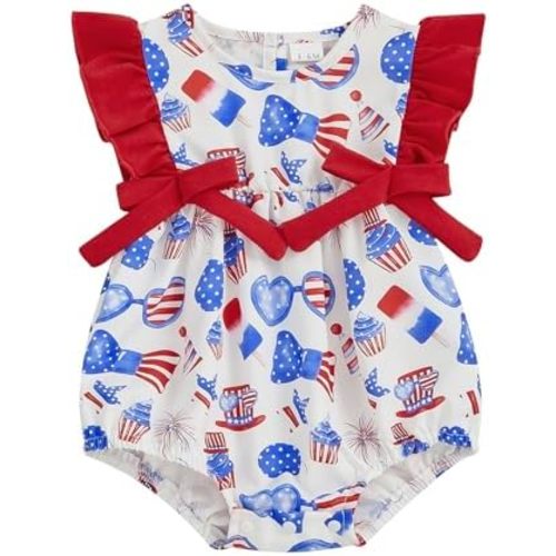 First 4th of July Baby Girl Romper American Flag Ruffle Sleeveless Bodysuit Jumpsuit Memorial Patriotic Clothes