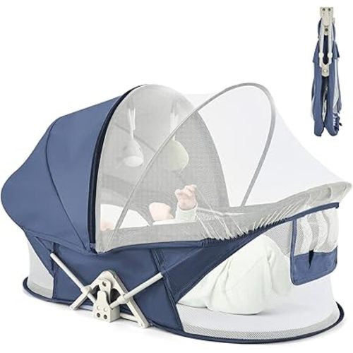 Portable Baby Bassinet Travel Baby Bed, Baby Cribs Travel Pod for Outdoors Baby Lounger Infant Travel Bed with Mosquito Net and Sunshade Canopy, Lightweight Washable