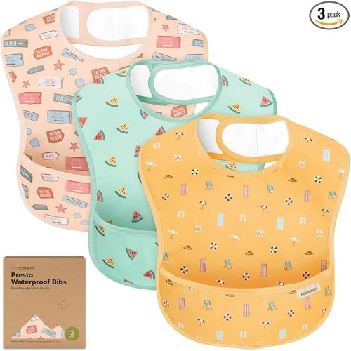 KeaBabies 3-Pack Waterproof Baby Bibs for Eating - Lightweight Toddler Feeding Bibs with Large Food Catcher, Mess Proof, Food-Grade Baby Eating Essentials, Easy to Put On & Clean (Beach Day)