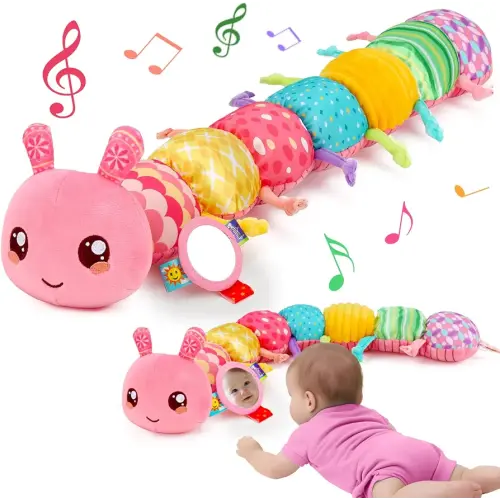 Baby Girls Toys 0-6 Month Music Animal Stuffed Caterpillar Toy for Infant 0-3 3-6 Months with Mirror Crinkle Rattle Tummy Time Sensory Toys for 3 4 5 6-12 Month Old Newborn Baby Shower Birthday Gifts