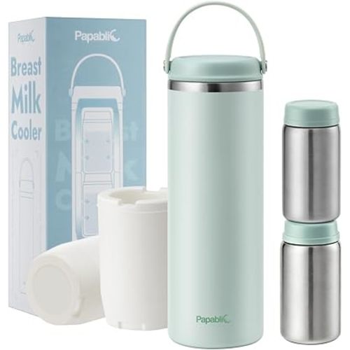 Papablic Innovative 360° CapsuleChill Breastmilk Cooler for 36H Safe Storage, 20oz Stress-Free Portable Breast Milk Chiller with 2pcs Stainless Steel Baby Bottles for Work & Travel, Mint Green