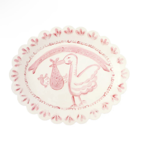 Scalloped Stork Birth Plate - Pink | Tricia Lowenfield Design | Over The Moon