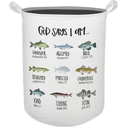 God Says I Am Fish Laundry Basket, Toybox for Boys Room, Christian Laundry Basket Hamper Waterproof Collapsible Clothes Toys Storage Bin Organizer for Bedroom Bathroom Kids Room Dorm