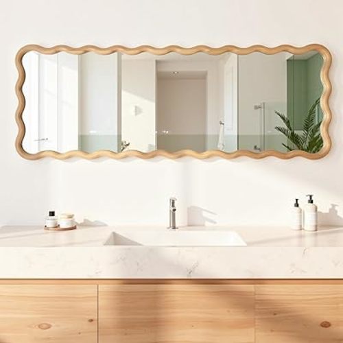 20"x63" Long Scollped Mirror for Bathroom, Wavy Full Length Wall Mirror, Large Wood Framed Irregular Full Body Floor Mirror for Dressing Bedroom Living Room Cloakroom Horizontal or Vertical Nature