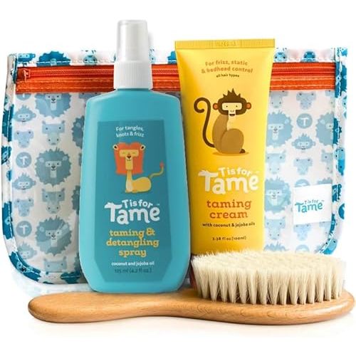 T is for Tame Toddler Hair Kit with Taming Cream, Hair Detangler Spray, Brush & Pouch - Anti Frizz Smoothing Styling Cream & Detangling Spray for Frizz Control, Flyaway, Curly, Static