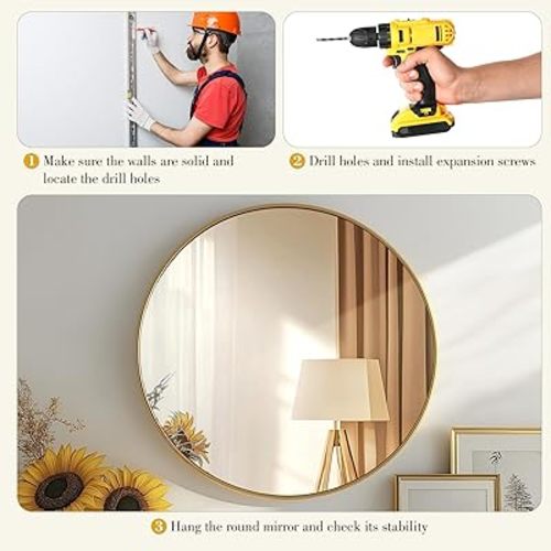 DUMOS Gold Circle Mirror for Wall 24 inch, Bathroom Round Mirror for Over Sink, Bathroom, Entryway, Bedroom, Vanity