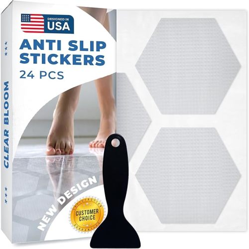 Anti-Slip Shower Stickers for Tub & Shower Floor — Original Clear Hex Non-Slip Bathtub Stickers, 24 Pack 3.25”, Micro-Pyramid Grip, Scraper Included, Easy Apply