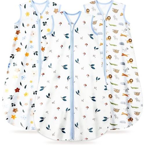 3 Pack Baby Sleep Sack 0-6 Months 100% Organic Cotton, 0.5 TOG Lightweight Wearable Blanket, 2-Way Zipper Sleeping Bag, Animal&Plant&White