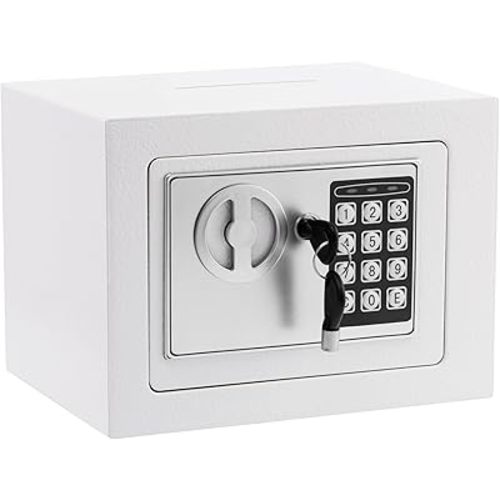 Small Safe Box With Digital Keypad & Keys - 9.05 x 6.7 x 6.7 Inches Wall Safe 0.23 Cuft Mini Security Lock for Coin Home Office Hotel Rooms Business Jewelry Gun (White)