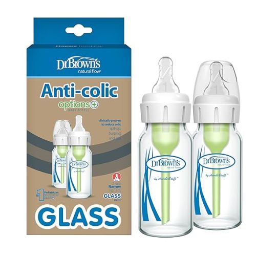 Dr. Brown's Natural Flow Anti-Colic Options+ Narrow Glass Baby Bottle 4 oz/120 mL, with Level 1 Slow Flow Nipple, 2 Pack, 0m+