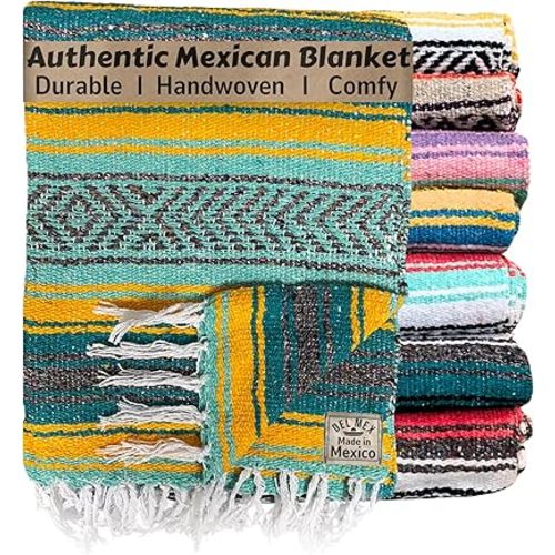 Del Mex Classic Mexican Blanket, Large Authentic Woven Falsa Throw (75"x50"), Artisan Southwest Décor for Beach, Yoga, Outdoors (Teal/Yellow)