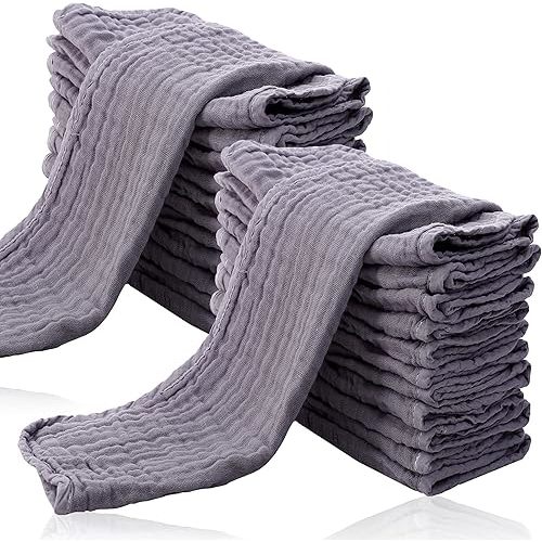 24 Pack Muslin Burp Cloths for Baby - Ultra-Soft 100% Cotton Baby Washcloths - Large 20'' by 10'' Super Absorbent Milk Spit Up Rags - Burpy Cloths for Unisex, Boy, Girl - Grey