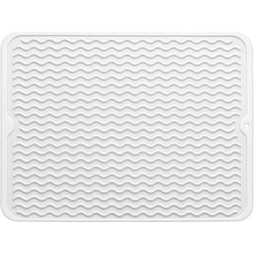 Silicone Dish Drying Mat for Multiple Usage,Easy clean,Eco-friendly,Heat-resistant Silicone Mat for Kitchen Counter or Sink,Refrigerator or Drawer liner White L 16 inches x 12 inches