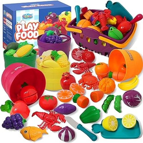 Play Food Set for Kids Kitchen, Cutting Food Toy for Kids, Learning Toy Color Sorting Set for Toddlers, Pretend Food Kitchen Accessories, Easter Basket Stuffers for Kids Ages 3–8
